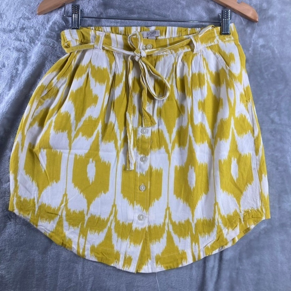 LOFT Petites Womens S Yellow Ikat Button Front Mini Skirt SP